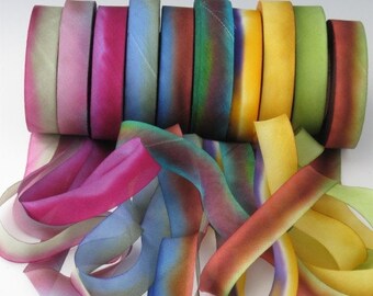A Hanah Hand Dyed Silk Ribbon Collection,Hand Dyed Silk Ribbon, bias-cut 5/8 wide