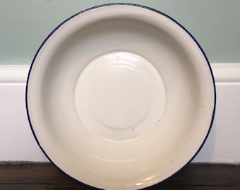 French Vintage Enamel White Bowl with Blue Rim
