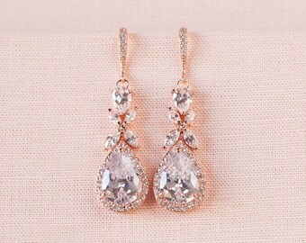 Rose Gold Bridal earrings Wedding jewelry Crystal Wedding earrings, Gold Bridal Necklace Bridal jewelry, Amielynn Earrings