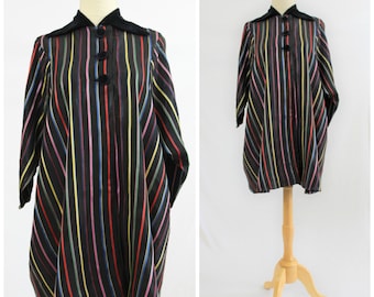 Vintage 40's 50's Rainbow Striped Rayon with Velvet Trim Trapese Swing Evening Coat Jacket DELRO One Size