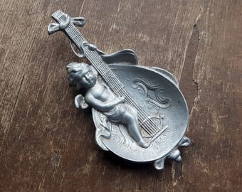 Old Germany Aluminum Ashtray Angel,Boy with Music Instrument Ring Dish,Old Amor Pin Dish