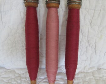 3 Antique wooden Industrial Thread Spools bobbins Pink Thread