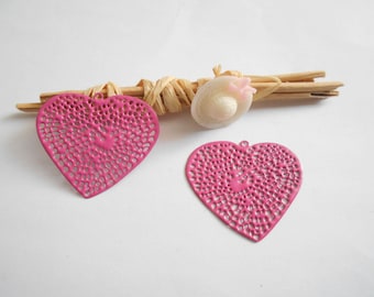 Pink enameled heart x 2 pendants