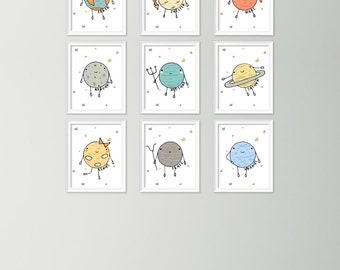 Planet bundle prints - 9 planet prints - Cute planet artwork - Set of 9 nursery prints - Educational posters for kids - Planet nursery print