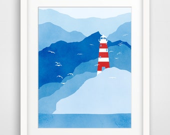 Lighthouse Art Print, Beach Decor, Nautical Nursery Decor, Coastal Decor - Navy Blue