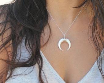 Horn necklace, Boho Chic, Crescent moon, natural carved bone, 925 sterling silver layering necklace, beach,wear it long or short,double horn