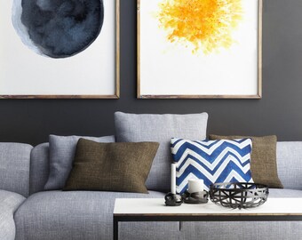 Moon ans Sun set 2 Watercolor Painting, Blue Yellow Living Room Decor, Abstract Minimalist Wall Decoration, Full Moon Gold Star Art Print