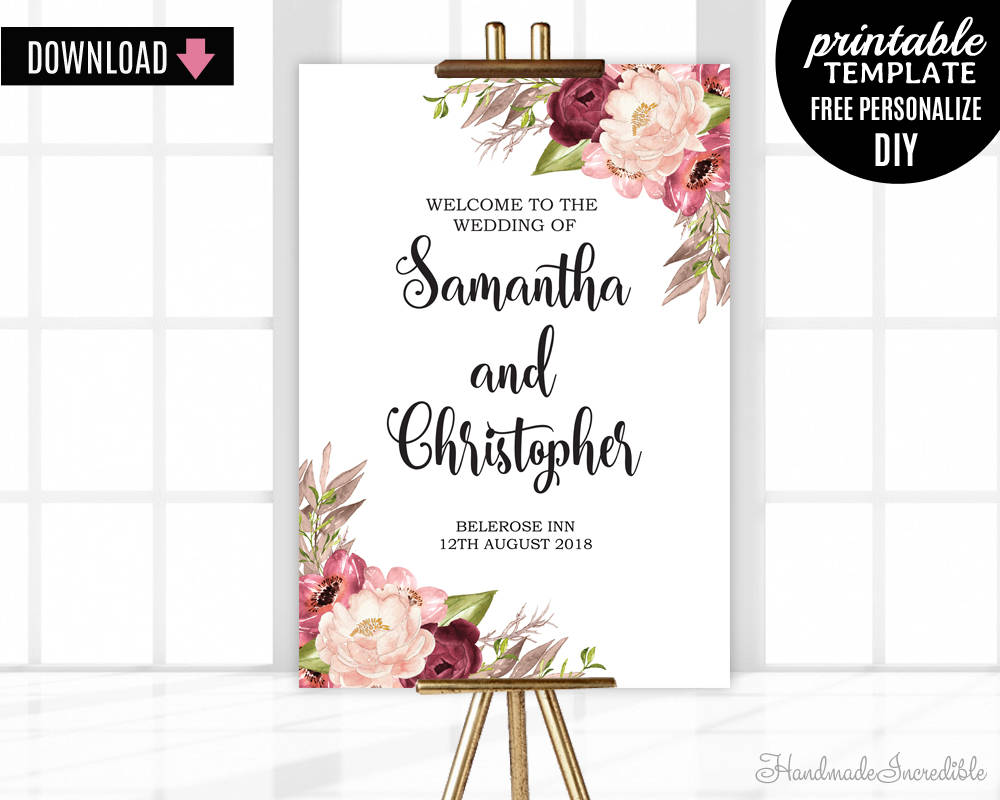 wedding welcome poster template printable floral marsala wedding poster template