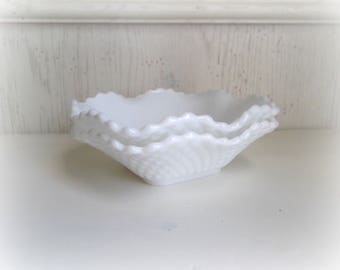 Milk Glass Bowls, Set of Two, Hobnail Milk Glass Candy Dishes, Wedding Decor