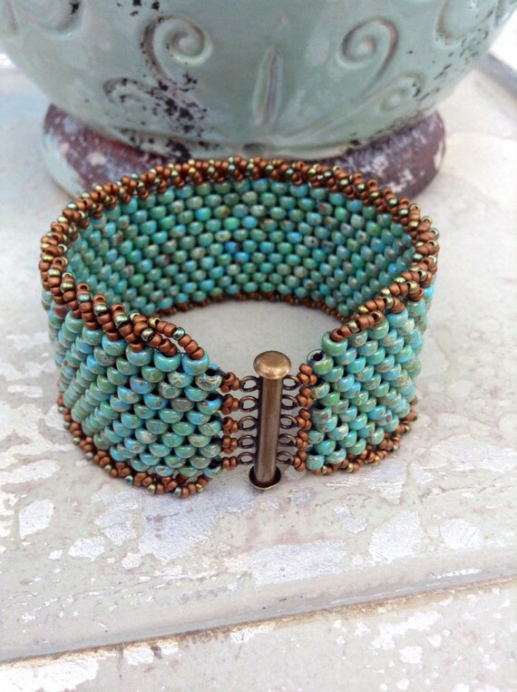 Peyote Stitch Beaded Bracelet Rustic Turquoise Czech Cuff