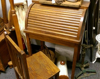 Childs Oak Roll Top Desk, Vintage Small Wooden Child's Desk and Chair, LOCAL PICKUP ONLY