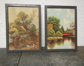 2 Antique Pictures of Rural Country Scenes ** 1900s pictures ? each picture is 5 inches wide by 7 inches tall **metal frames