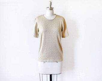 vintage metallic gold blouse, 80s gold lurex shirt, 1980s gold knit shirt, gold sparkle sweater top, new year's eve blouse, small s