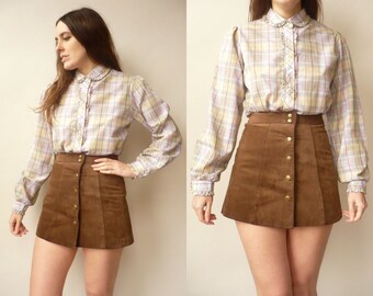Vintage Wrangler Pastel Checked Tartan Printed 80's Shirt With A Peter Pan Collar