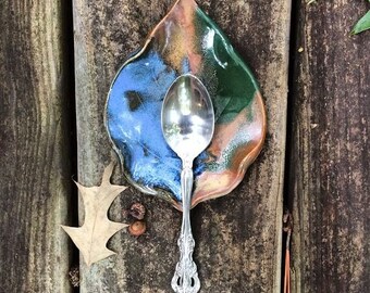 Handmade Pottery Leaf Spoon Rest in Earth-Tone Multi Glaze