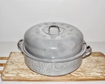 Gray enamel roasting pan,round turkey roaster,gray granite enamelware,enamel cookware,roaster pan lid,farmhouse enamel,pots and pans,12x4