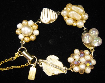 Bridesmaid Gift, Vintage Earring Bracelet, Upcycled, Butter, Cream, Ivory, Gold, Heart, Leaf, Jennifer Jones, Under 40, OOAK - Buttercream