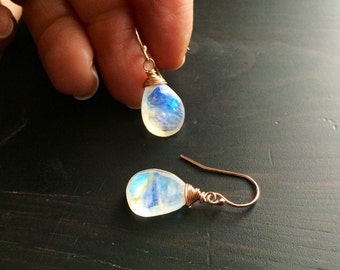 Rainbow Moonstone 14k gold Earrings. Natural Moonstone dangles. Moon stone jewelry. Moonstone drops