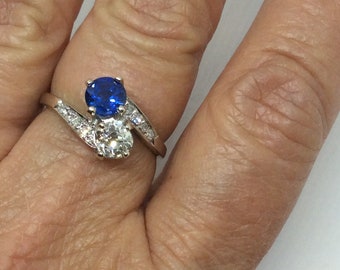 Art Deco 14k European cut Diamond &Sapphire Ring Sz 7