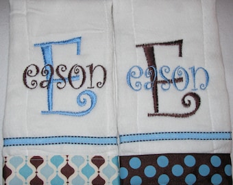 2 Blue and Brown Personalized Embroidered Burp Cloths