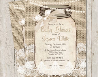 Rustic Baby shower Invitation, Burlap and Lace Invitation, Baby Shower, Invite, Gold, Ivory, Shabby, Sprinkle, Printable, Customize, 5x7