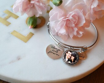 Personalized Charm Bracelet Bangle - Always & Forever - Frame Picture Charm With Your Photo - Hand Stamped - Script Calligraphy