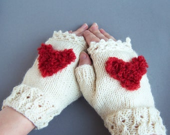 White fingerless wool mittens with fluffy heart For adult woman teen Winter Love Valentine day gift Chunky warm and cozy Ivory creamy M L XL