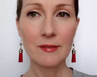 Fringe Earrings Tassel Earrings Dangle Earrings Leather Earrings Red Earrings Boho Earrings Elegant Earrings Gift for Her
