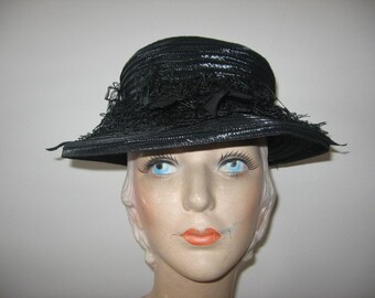 1930's-40's Black Straw Boater Hat, Gage Label!