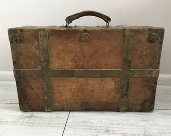 Antique Wooden Trunk - Wooden Steamer Trunk - Wood with brass trunk - Small Trunk - Wooden Chest -