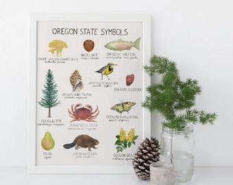 Oregon State Symbols Art Print / Oregon Art Print / State Symbols Art / Pacific Northwest Art / Portland Art / Oregon Art / Douglas Fir