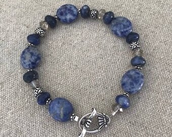 Sodalite, swarovski and sterling bracelet Blue crystal accents toggle clasp oval