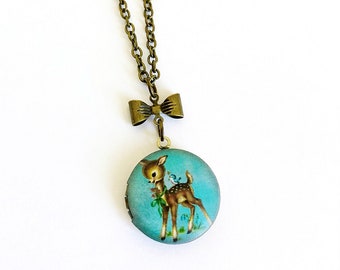 Vintage Style Kitsch Deer, Fawn Cameo Locket Necklace