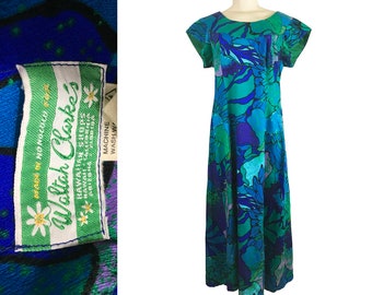Waltah Clarke's Dress Aloha Hawaiian MuuMuu Vintage 1960s Acrylic Barkcloth Size M