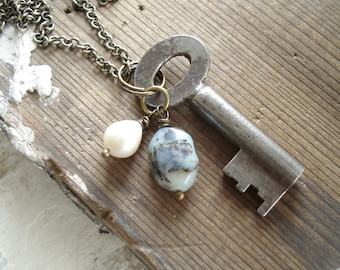 Skeleton Key Necklace. Gemstone Necklace. Antique Key Necklace. Pearl, Peruvian Opal Stone Necklace. Artisan Gemstone Jewelry. Boho Gift.