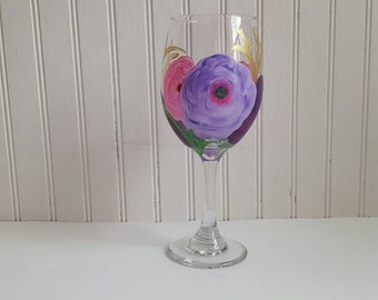 Hand painted wine glass with flowers spring glass summer wine glass floral print wine glass wedding glass custom glass custom painted glass