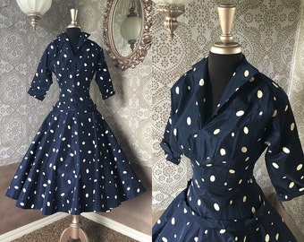 Vintage 1950's Blue and White Polka Dot Drop Waist Dress XS