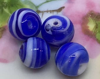 4 Round Marble Beads , Cobalt Blue & White Marble Swirl Pattern Beads , Handmade Lampwork Glass Marble Beads , 12mm