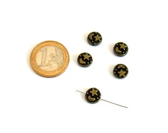 5 bronze haematite round patterns Moon and star, 9 mm