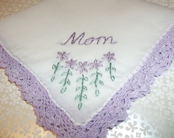 Mother of bride, groom, wedding handkerchief, hand embroidery, gift for mom, parent gift, purple laced hankie, hankerchief, keepsake gift