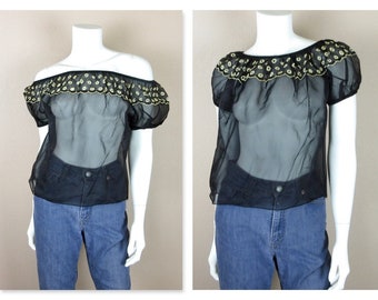 Vintage 1950s Sheer Black Blouse / Off Shoulder Option / Size M / Summer Wedding Fashion / Short Sleeve / Cinco de Mayo