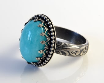 Amazonite Ring, Sterling Silver, Amazonite Stone in Crown Setting
