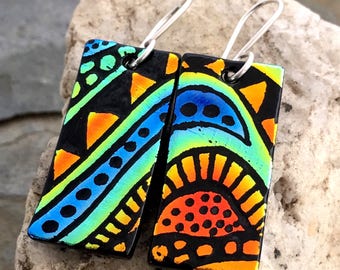OOAK Hand Etched Dichroic Earrings Fused Glass & Sterling Silver Handmade Wires