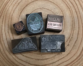 Vintage PRINTER'S Blocks- Metal & Wood Typeset Letters- Company Business Logos Lions Club- Typography- Industrial Printing Press