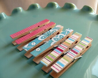 Decoupaged Clothespins Decorative Memo clips--Clara Organization, Home Office, Kitchen, Chip Clip Gifts Under 5 Dollars Hostess Gift