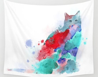 Wall Tapestry, Wall Hanging, Sofa Throw, Cat 609 red pink aqua turquoise blue Home Decor L.Dumas