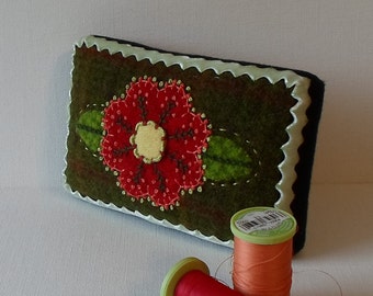 Handmade Mini Green Plaid Needle Cushion Felted Wool Red & Yellow Floral Pincushion