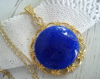 FINAL SALE Vintage Lapis Lazuli Glass Pendant Bold Gold Necklace