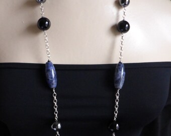 Dumortierite and Onyx Long Necklace