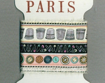 vintage buttons thimbles safety pins ribbon, sewing theme, hand made theme hand made , frayed fabric,gift wrap, trim card making 1352 52